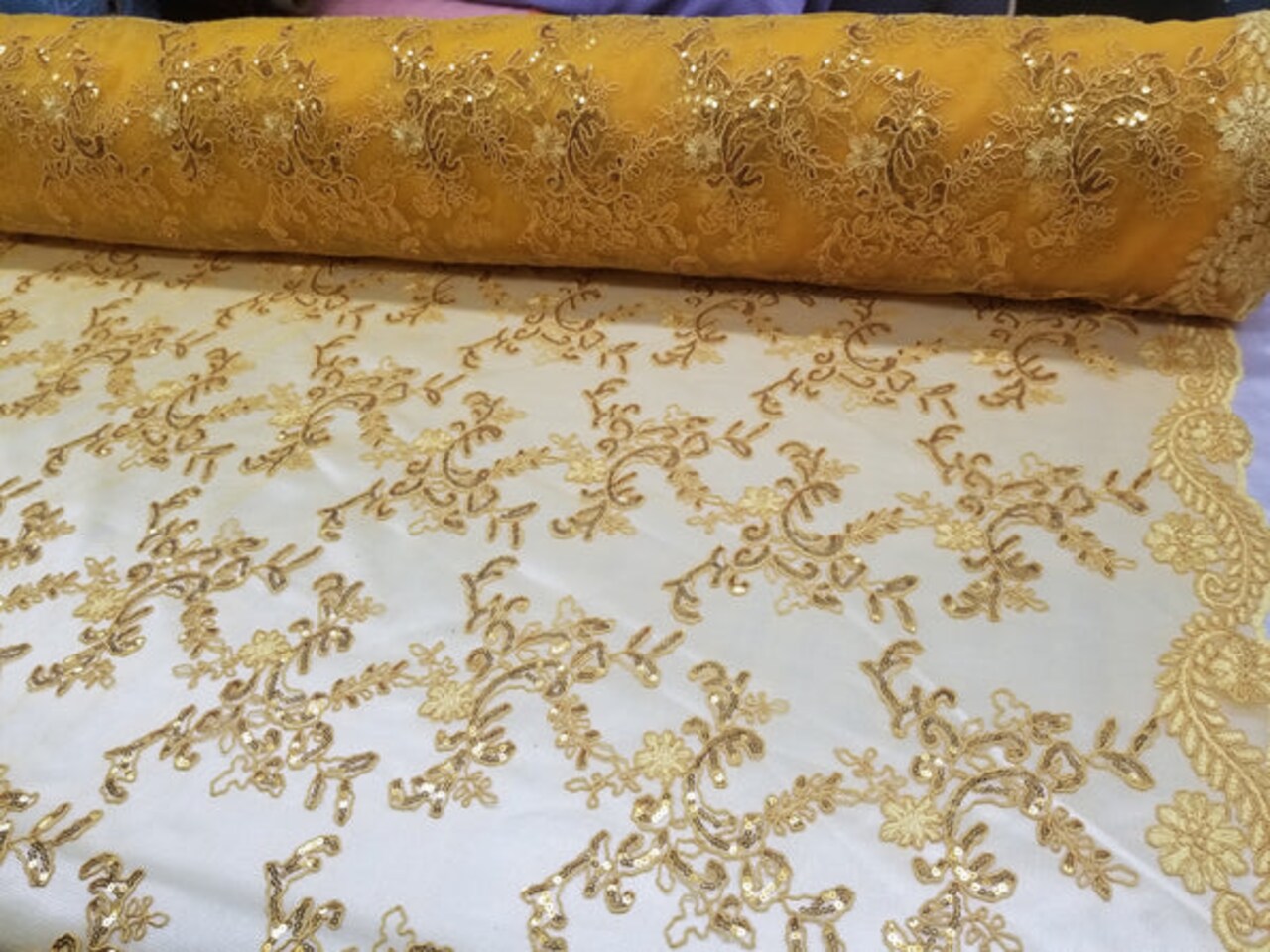 1 Yard Yellow Gold Metallic Flowers Sequins Mesh Lace Fabric for Tablecloths and Costumes
